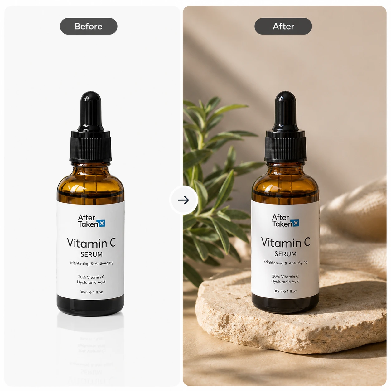Before and after comparison of AfterTaken AI Product Setup tool creating high-end studio scenes for Vitamin C Serum